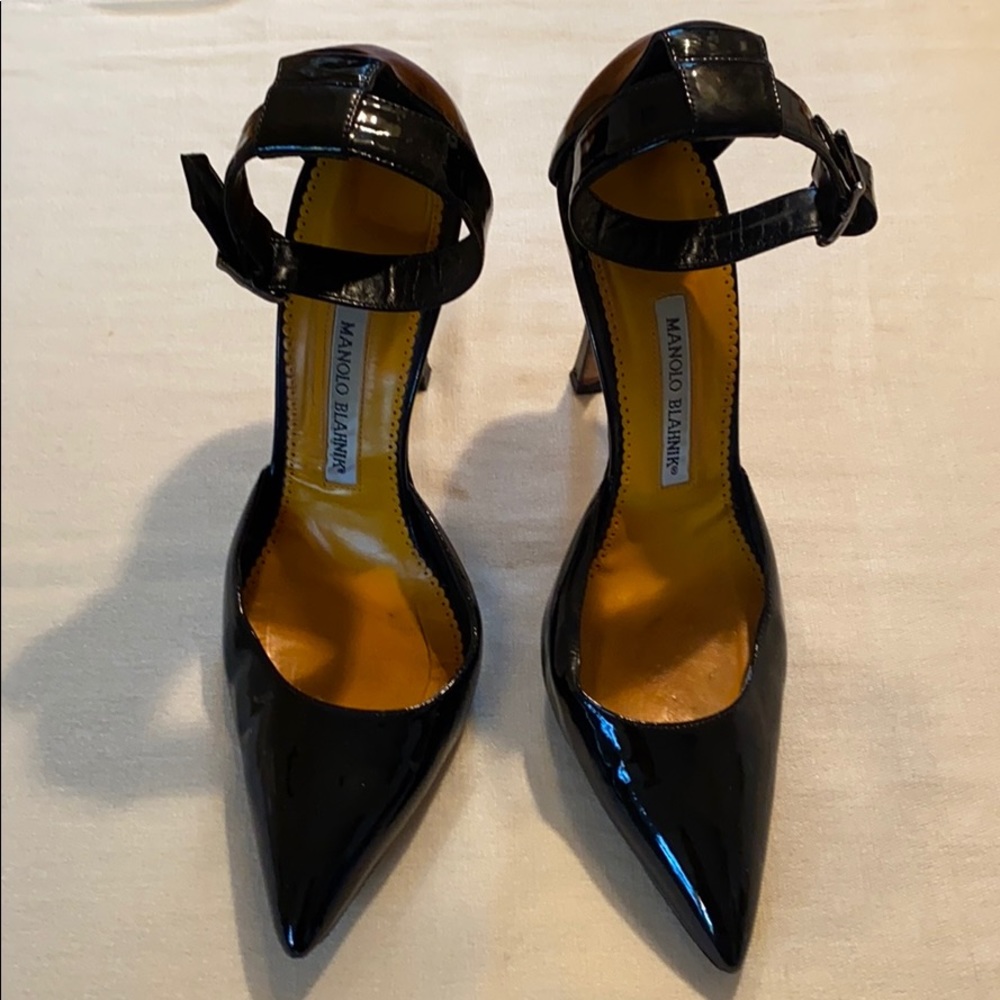 Manolo Blahnik Black Patent Ankle Strap Pumps